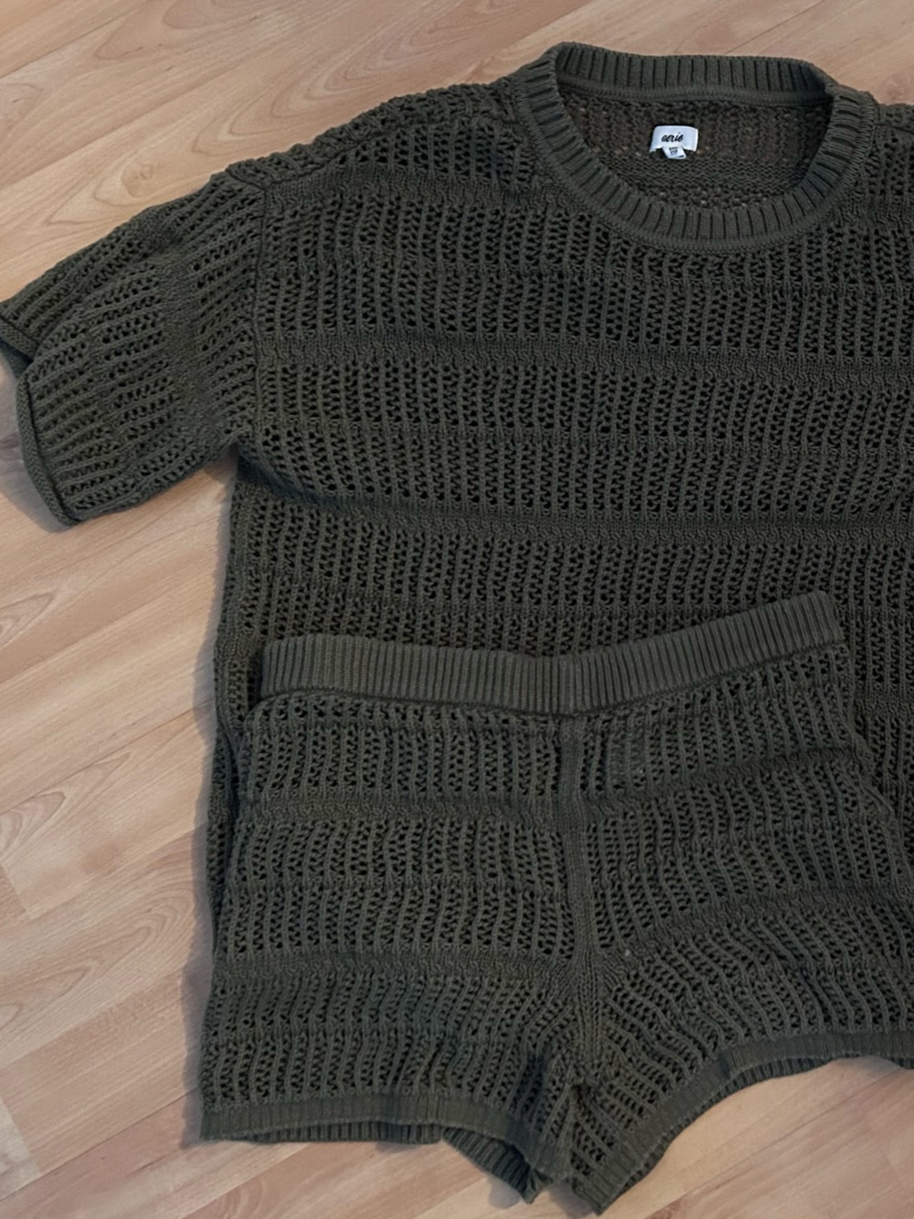 aerie Olive Open-Knit Short Sleeve Sweater